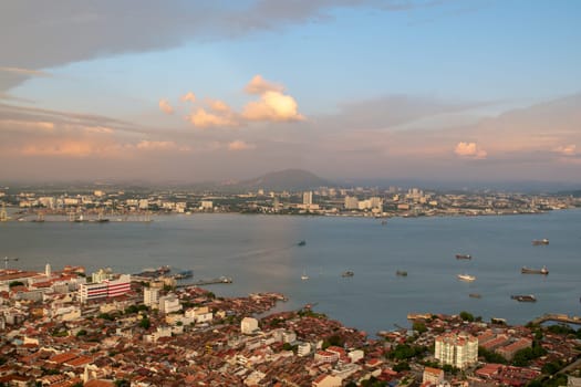 George Town, Penang/Malaysia - Jun 30 2017: Drone view Georgetown and ship traffic at sea.