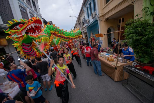 George Town, Penang/Malaysia - Jul 07 2017: Dragon dance at old heritage street.