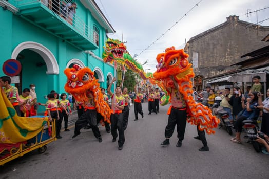 George Town, Penang/Malaysia - Jul 07 2017: Street perform of dragon and lion dance perform at heritage street.