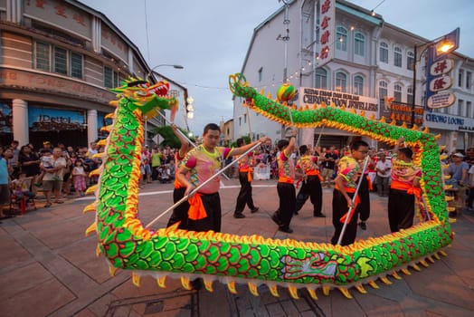 George Town, Penang/Malaysia - Jul 07 2017: Dragon dance performance at street.