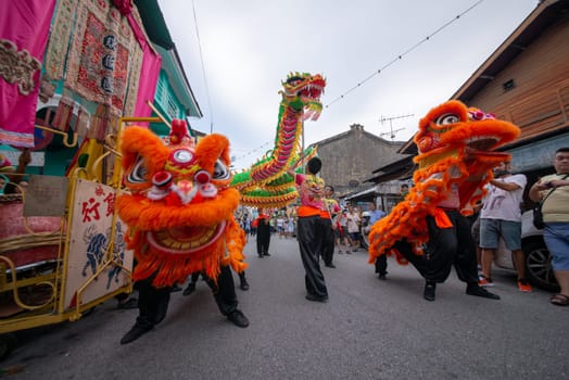George Town, Penang/Malaysia - Jul 07 2017: Dragon and lion dance traditional perform during festival.
