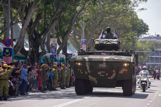 George Town, Penang/Malaysia - Aug 31 2017: Soldier drive tank during national parade at Esplanade.