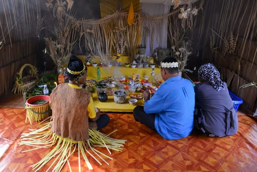 Carey Island, Selangor/Malaysia - Mar 17 2018: Mah Meri tribe Shaman during Hari Moyang ritual.