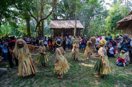 Carey Island, Selangor/Malaysia - Mar 17 2018: Malaysia indigenous Mah Meri tribesmen dance in kampung.
