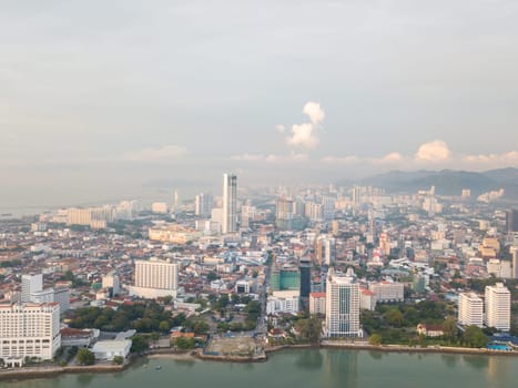 Gurney, Penang/Malaysia - Apr 05 2019: Aerial view KOMTAR building at Georgetown in hazzy day.