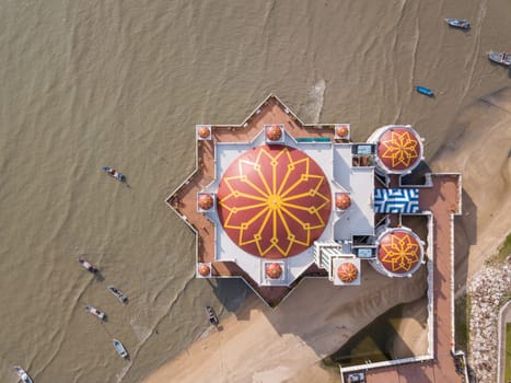 Bukit Georgetown, Penang/Malaysia - May 04 2019: Aerial look down floating mosque Tanjung Bungah in morning.