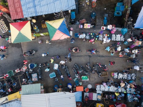 Bukit Mertajam, Penang/Malaysia - Jun 09 2019: Aerial view look down people go to mornnig market (pasar pagi).