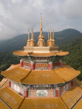 George Town, Penang/Malaysia - Jun 26 2019: Aerial view roof top Kuan Yin Goddess of Mercy Pavilion in Kek Lok Si Temple.