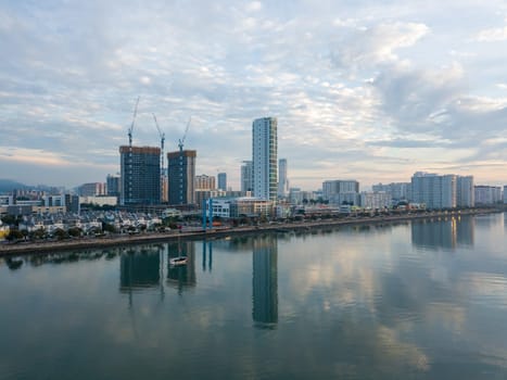 George Town, Penang/Malaysia - Jul 17 2019: Aerial view reflection Karpal Singh Drive in morning.