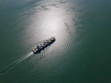George Town, Penang/Malaysia - Oct 23 2019: Aerial view container ship move at Penang sea.