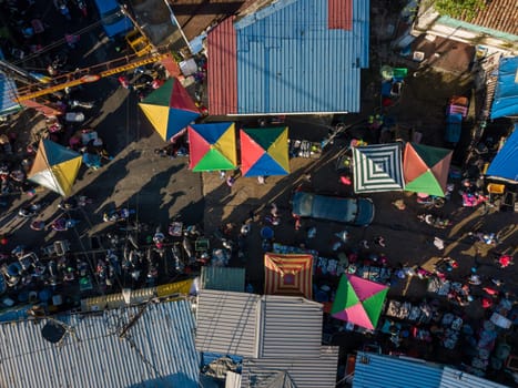 Bukit Mertajam, Penang/Malaysia - Oct 20 2019: Top down view morning market with crowds at town.