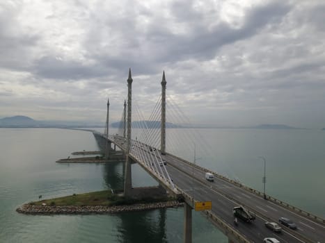 George Town, Penang/Malaysia - Oct 24 2019: Aerial view mid span at Penang Bridge.