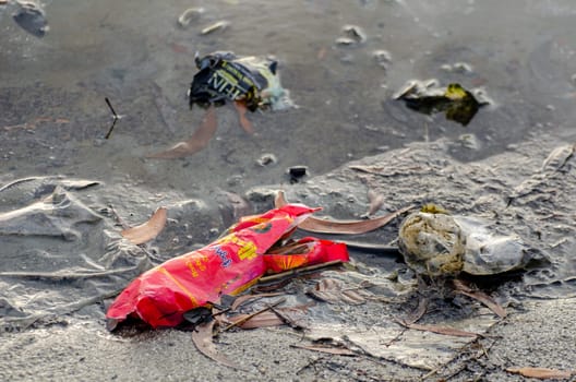 Batu Maung, Penang/Malaysia - Dec 28 2019: Food plastic at sea coastal.