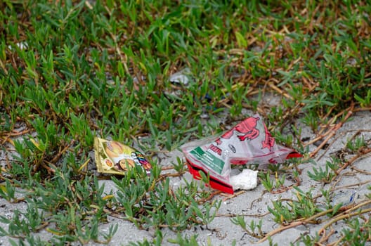 Batu Maung, Penang/Malaysia - Dec 28 2019: Food plastic bag throw at green plant.