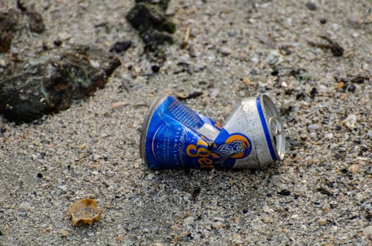 Batu Maung, Penang/Malaysia - Dec 28 2019: TIGER beer tin at beach.