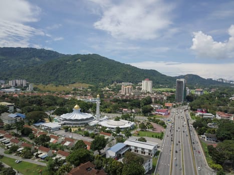 Ayer Itam, Penang/Malaysia - Oct 29 2019: Aerial view Penang state mosque with busy traffic in afternoon.