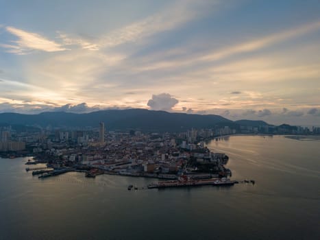 Butterworth, Penang/Malaysia - Nov 06 2019: Aerial view Georgetown with dramatic sunset.