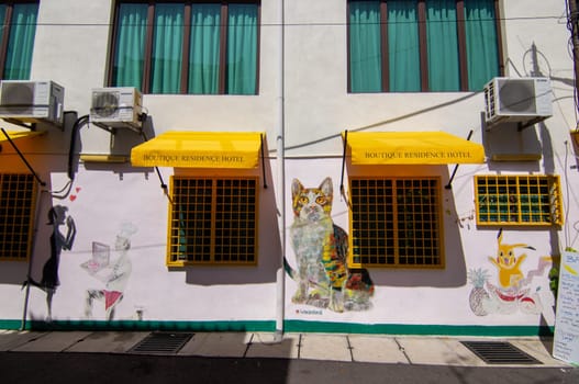 George Town, Penang/Malaysia - Nov 11 2019: Mural art behind Boutique Residence Hotel.