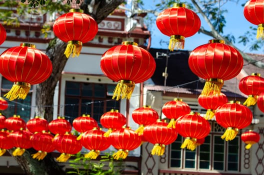 Georgetown, Penang/Malaysia - Jan 03 2020: Chinese new year lantern hanging in front of heritage house.