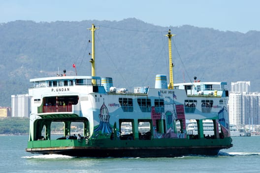 Butterworth, Penang/Malaysia - Jan 01 2020: Aerial view ferry carry transport and passenger.