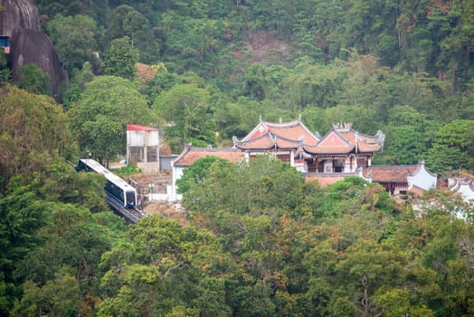 Georgetown, Penang/Malaysia - Jan 19 2020: Iconic transport funicular car near Jade Emperor God Temple at Penang Hill.