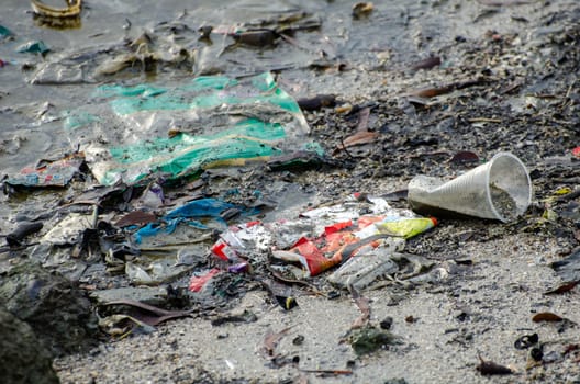 Batu Maung, Penang/Malaysia - Dec 28 2019: Plastic rubbish at sea coastal.