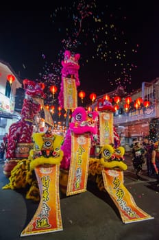 Georgetown, Penang/Malaysia - Jan 24 2020: Lion dance performance with banner wish good luck.