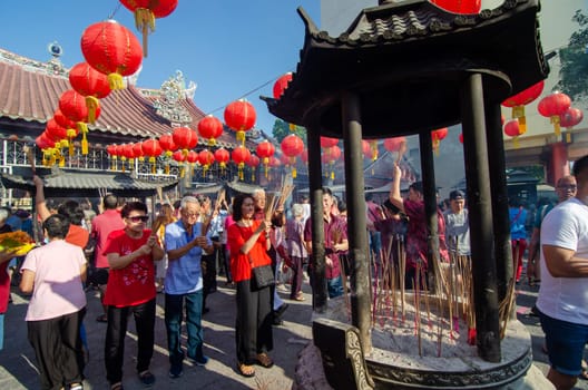 Georgetown, Penang/Malaysia - Jan 25 2020: Chinese pray at Goddess of Mercy temple in bright sunny day.
