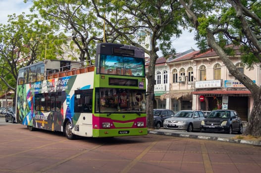 Georgetown, Penang/Malaysia - Feb 14 2020: Penang hop on hop off bus stop at heritage street.