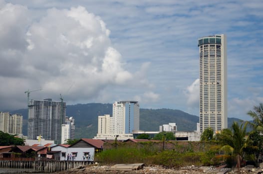 Georgetown, Penang/Malaysia - Feb 14 2020: KOMTAR building view from clan jetty.