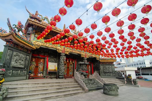 Georgetown, Penang/Malaysia - Feb 14 2020: Thean Seng Keong Temple with red lantern during chinese new year.