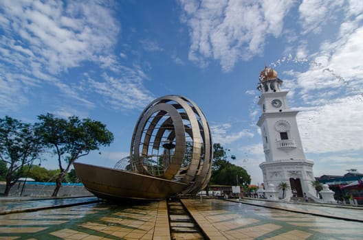 Georgetown, Penang/Malaysia - Feb 14 2020: Clock tower and fountain at Georgetown
