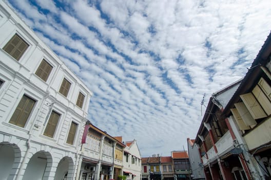 Georgetown, Penang/Malaysia - Feb 14 2020: Traditional heritage building under blue sky.