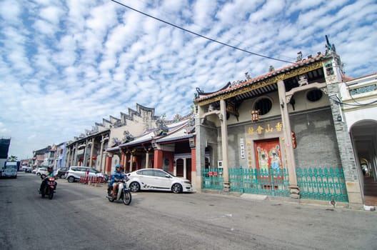 Georgetown, Penang/Malaysia - Feb 14 2020: Wide angle view King Street with old chinese temple.