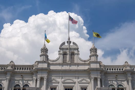 Georgetown, Penang/Malaysia - Feb 15 2020: Detail of architecture City Hall with Malaysia and Penang flag waving.