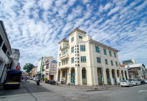 Georgetown, Penang/Malaysia - Feb 14 2020: Wide angle heritage house under blue sky.