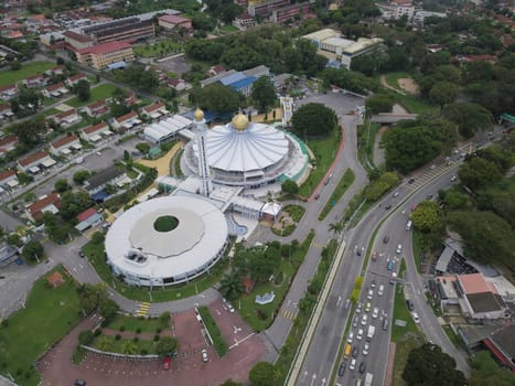 Ayer Itam, Penang/Malaysia - Oct 29 2019: Aerial view Penang state mosque with road traffic.
