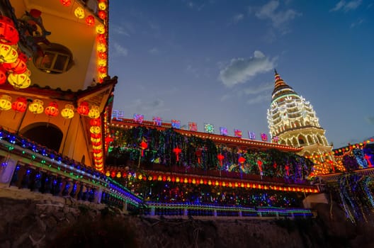 Georgetown, Penang/Malaysia - Feb 20 2020: Kek Lok Si temple during dusk hour.