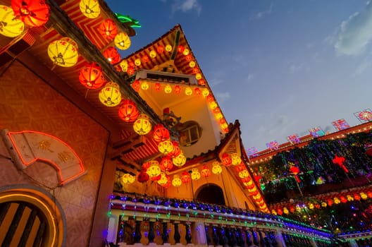 Georgetown, Penang/Malaysia - Feb 20 2020: Architecture Kek Lok Si light up at night.