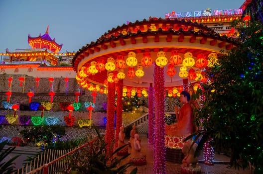Georgetown, Penang/Malaysia - Feb 20 2020: Buddha statue pavilion light up during chinese new year.