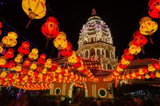 Georgetown, Penang/Malaysia - Feb 20 2020: Kek Lok Si temple with colorful lantern light up at night.