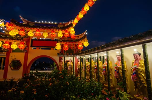 Georgetown, Penang/Malaysia - Feb 20 2020: Buddha statue during night light up at Kek Lok Si temple.