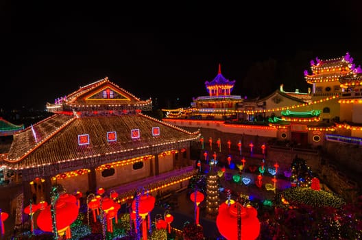 Georgetown, Penang/Malaysia - Feb 20 2020: Kek Lok Si temple light up with colorful lantern at night.