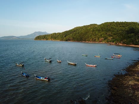 Pulau Sayak, Kedah/Malaysia - Feb 26 2020: Aerial view fishing boat park at seashore.