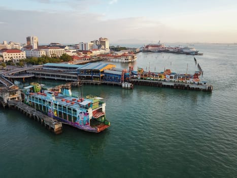 Georgetown, Penang/Malaysia - Feb 28 2020: Aerial view ferry terminal with background Pier Swettenham.