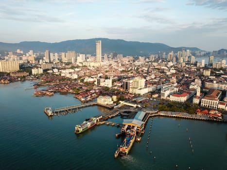 Georgetown, Penang/Malaysia - Feb 28 2020: Aerial view of ferry boat in morning.