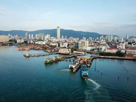 Georgetown, Penang/Malaysia - Feb 28 2020: Aerial view ferry arrive terminal.
