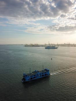Georgetown, Penang/Malaysia - Feb 28 2020: Blue ferry move at sea.