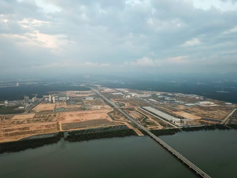 Batu Kawan, Penang/Malaysia - Feb 27 2020: Drone view Sultan Abdul Halim Muadzam Shah Bridge towards Batu Kawan.