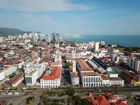 Georgetown, Penang/Malaysia - Feb 28 2020: Aerial view Georgetown heritage old buliding at Pengkalan Weld.